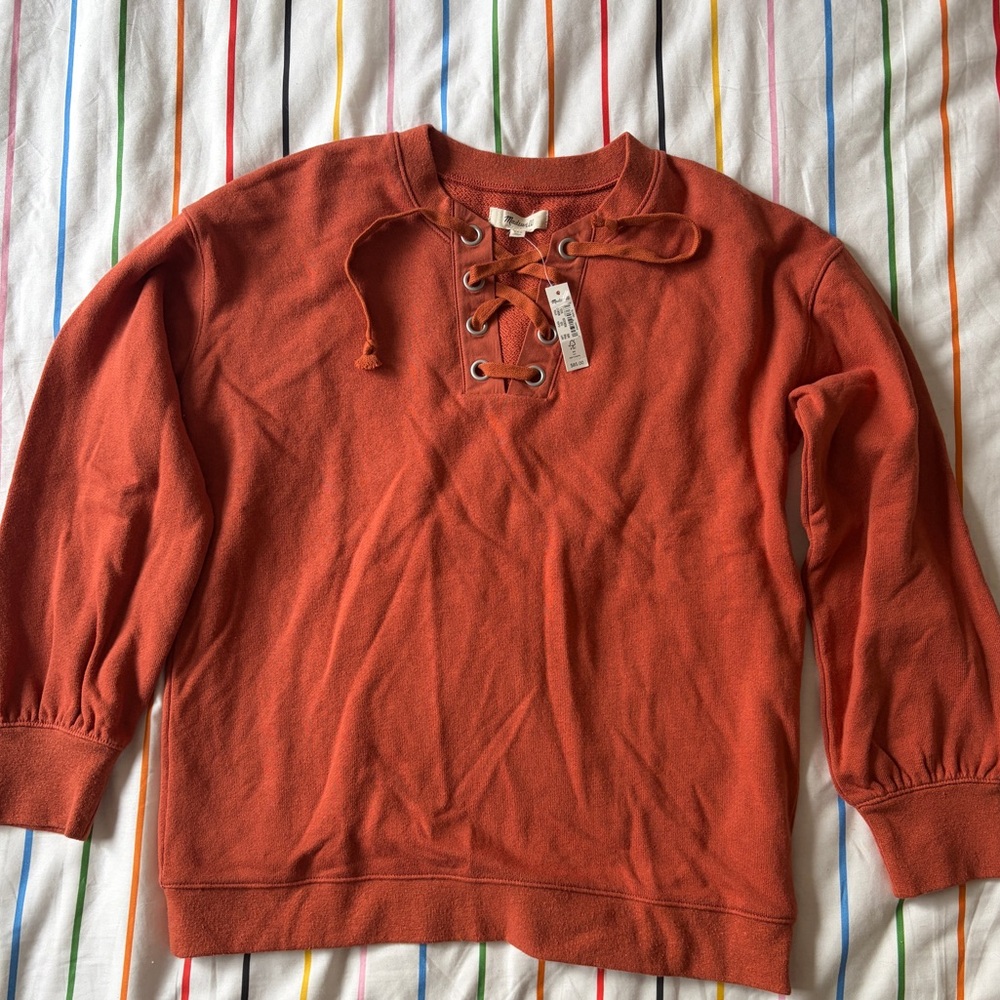 Madewell Rust Lace-Up Crew Neck Sweater